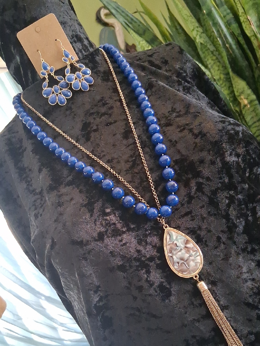 Blue Bead Layered Necklace with Tassel Pendant and Matching Earrings